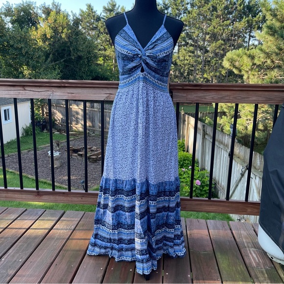 Japna Boho Sleeveless Maxi Dress Paisley Floral Smocked Large Blue White Summer - Picture 4 of 13